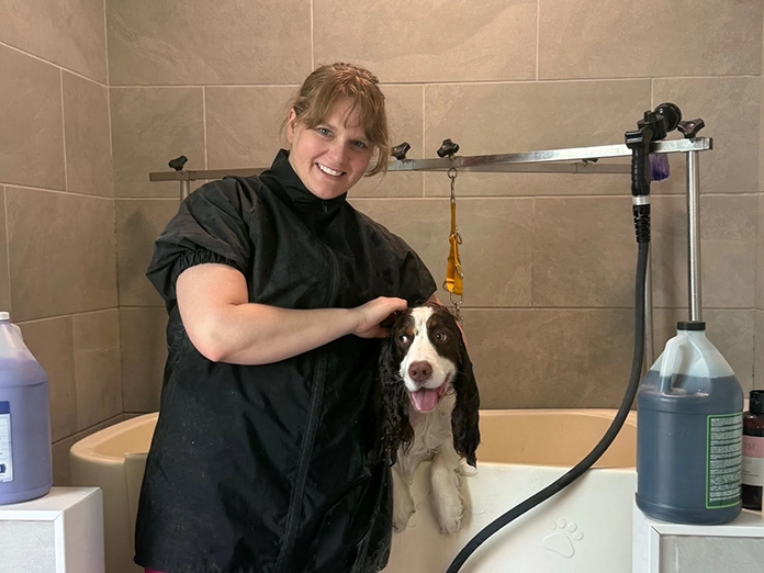 Dog being bathed at La Bella Vida Pet Salon